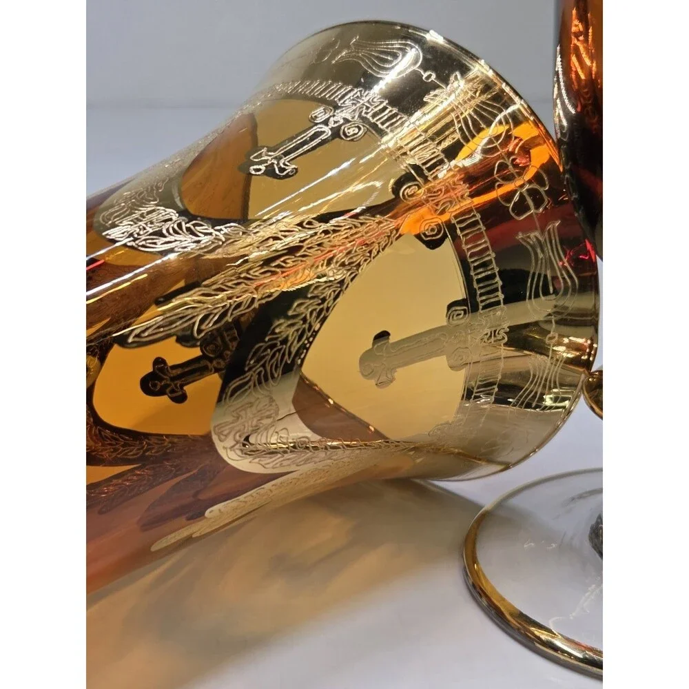 Pair Of Arte Italica Medici Amber Gold Champagne Flutes Goblets Glasses 7.5